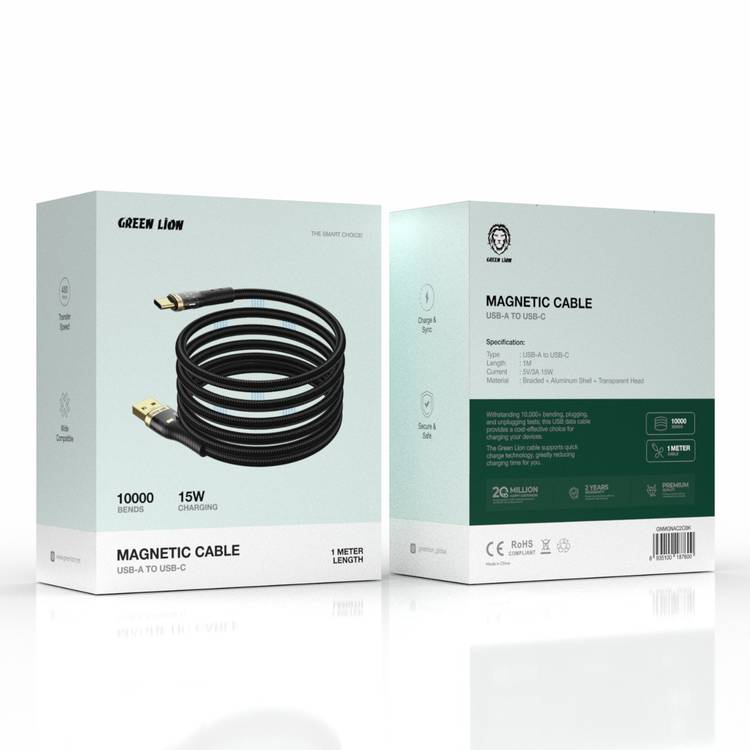  Green Lion Magnetic USB-A to USB-C Cable with 10000 Bends Life Span, 15W, Secure & Safe, Charge & Sync, Wide Compatible, 1m Cable Length - Black