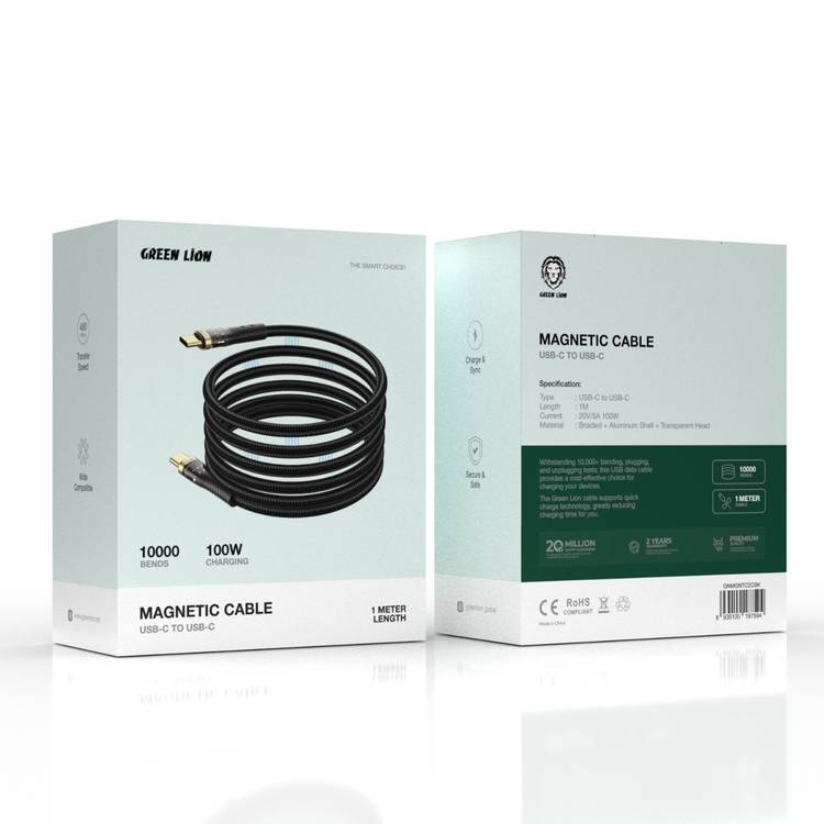  Green Lion Magnetic USB-C to USB-C Cable with 10000 Bends Life Span, 18W, Secure & Safe, Charge & Sync, Wide Compatible, 1m Cable Length - Black