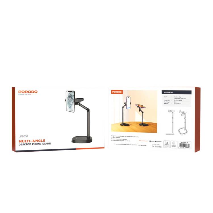 Porodo Multi-Angle Desktop Phone Stand with Flexible Viewing Angle, Secure Attachment, Up to 6.7" Devices Compatible - Black