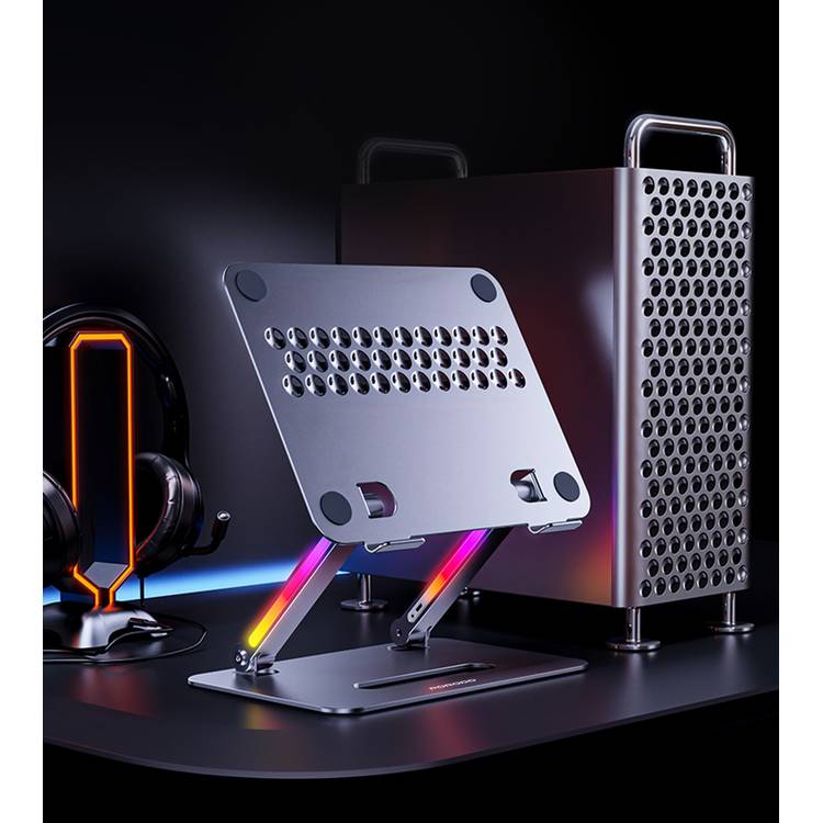 Porodo Adjustable & Foldable Laptop Stand, 14 to 17.3" Devices Compatibility, Built-in RGB Lights, Type-C Charging Port - Gray
