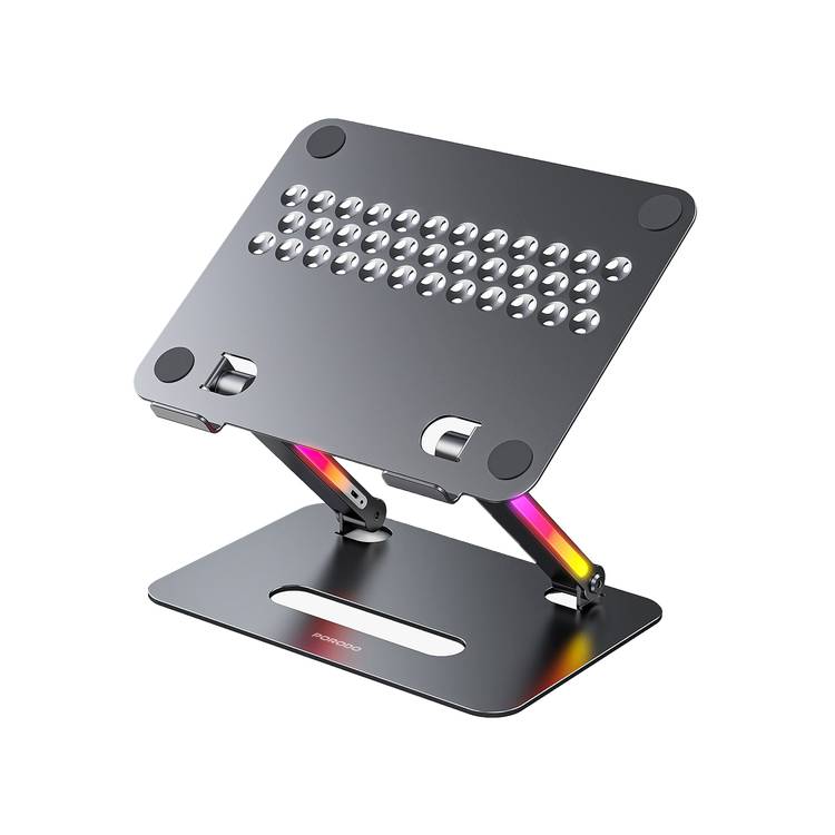Porodo Adjustable & Foldable Laptop Stand, 14 to 17.3" Devices Compatibility, Built-in RGB Lights, Type-C Charging Port - Gray