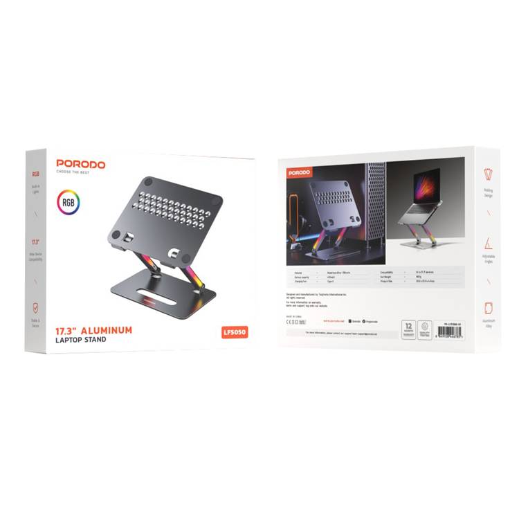 Porodo Adjustable & Foldable Laptop Stand, 14 to 17.3" Devices Compatibility, Built-in RGB Lights, Type-C Charging Port - Gray