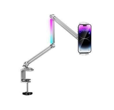 Porodo Multi-Joint Aluminum Desk Mount with RGB Ambient Light, 360° Flexible Viewing Angle, Wide Compatibility, 78cm Height, 1kg Weight Capacity, 4" to 12.9" Devices Compatible - Gray