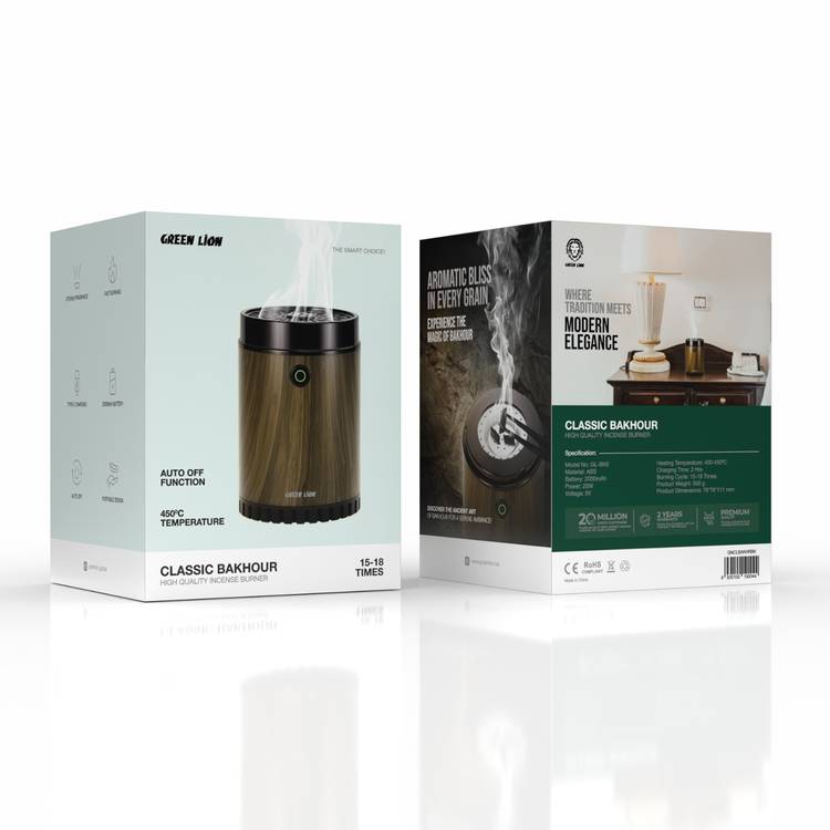 Green Lion Classic Bakhour with Strong Fragrance, 20W Power, 2000mAh Battery, 15-18 Times Burning Cycle, 400-4500°C Heating Temperature - Black