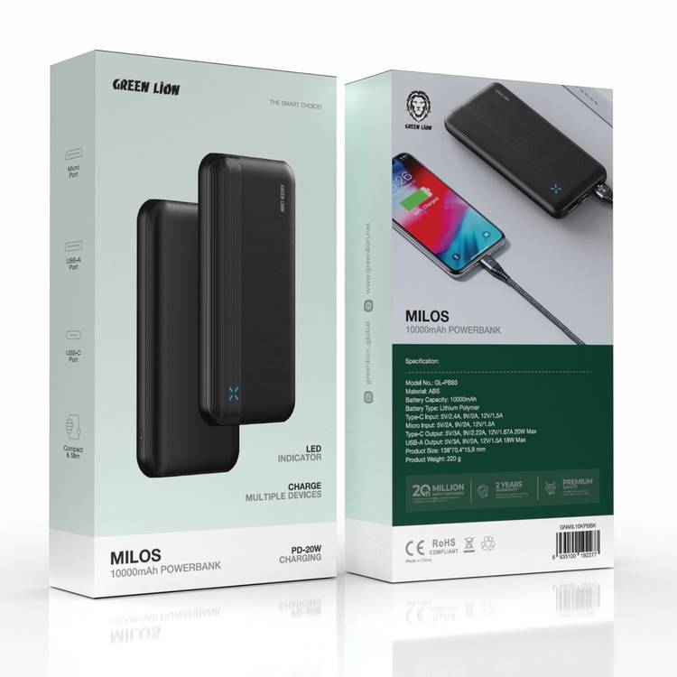 Green Lion Milos 10000mAh Power Bank, PD 20W, LED Indicator, Lithium Polymer Battery, Compact & Slim - Black