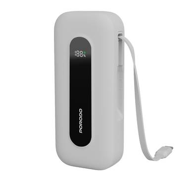 Porodo 10000mAh Power Bank with Type-C Port & Integrated Type-C Cable, Digital Display, PD 30W, Lightweight & Portable - White