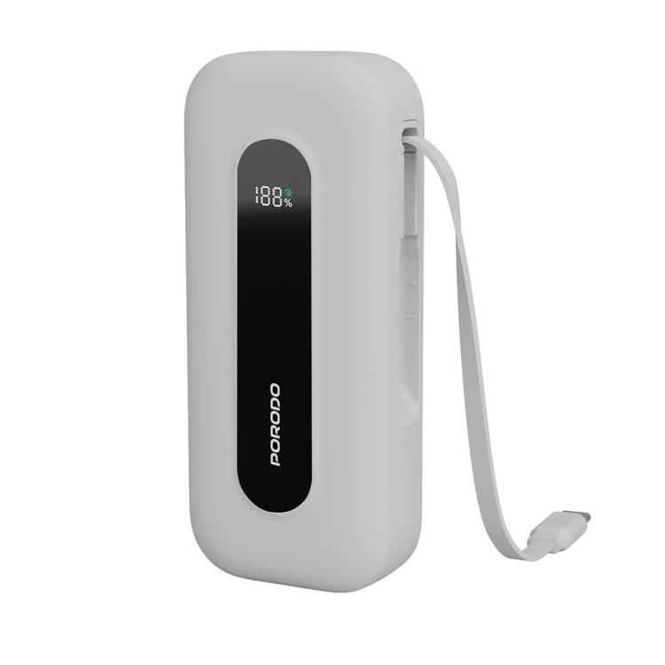 Porodo 10000mAh Power Bank with Type-C Port & Integrated Type-C Cable, Digital Display, PD 30W, Lightweight & Portable - White