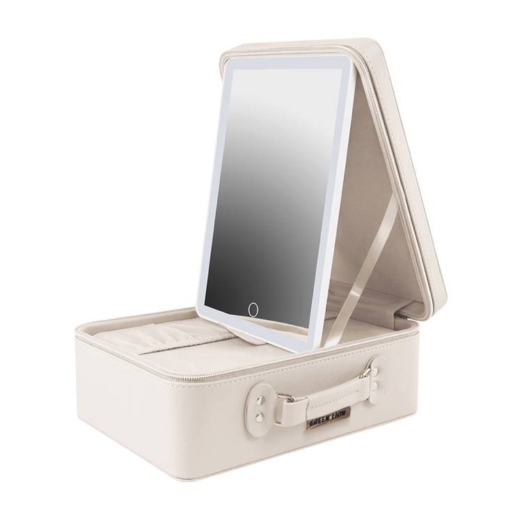 Green Lion Travel Makeup Bag with Lighted Mirror with Adjustable Brightness, Zipper Closure, Touch Control, 2 Hours Working Time, 28 LED Beads, 1500mAh Battery - Beige