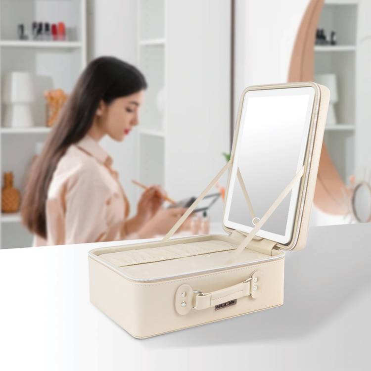 Green Lion Travel Makeup Bag with Lighted Mirror with Adjustable Brightness, Zipper Closure, Touch Control, 2 Hours Working Time, 28 LED Beads, 1500mAh Battery - Beige