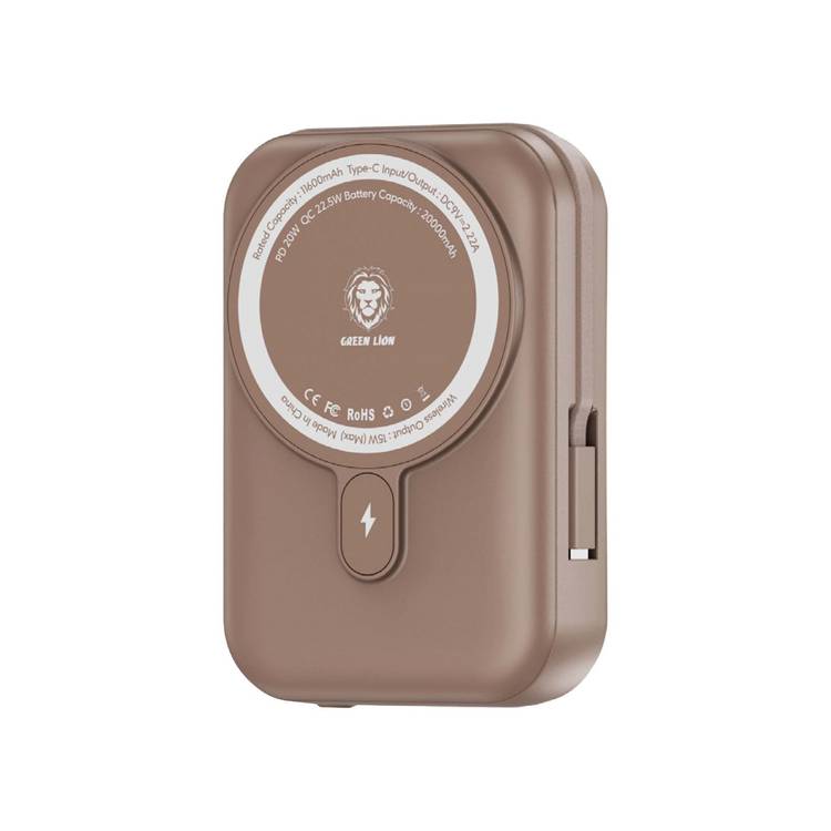 Green Lion 20000mAh Monaco MagSafe Power Bank with Built-in Type-C Cable, LCD Display, 20W Power Delivery, Magnetic Attraction, Compact Design - Desert Titanium