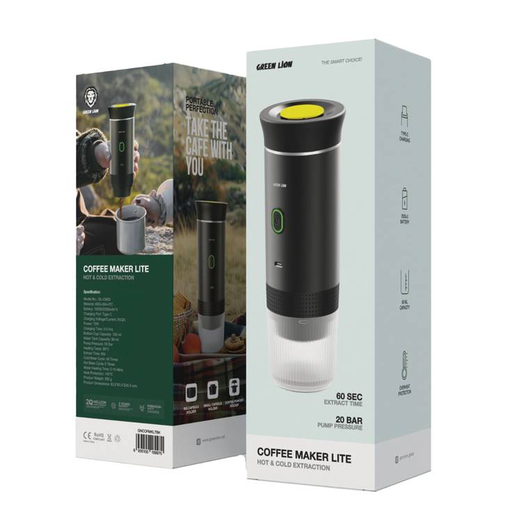 Green Lion Coffee Maker Lite with 150mL Bottom Cup Capacity, Type-C Charging Port, 3-5 Hours Charging Time, 5-15 Minutes Water Heating Time - Black