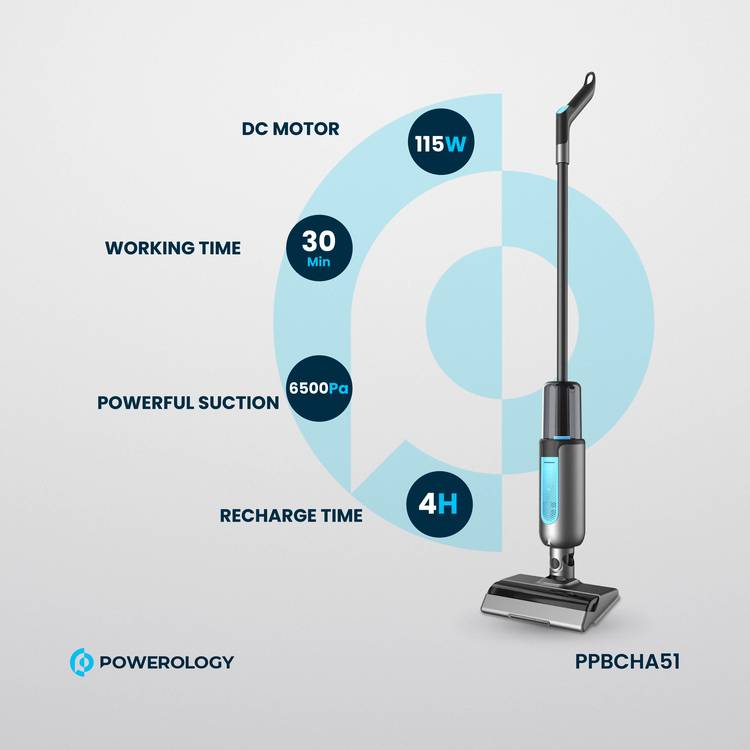 Powerology 2-in-1 Cordless Vacuum & Mop, 6500Pa Suction Power, 30 Min Working time, 115W Motor Power,  Li-ion Battery - Black