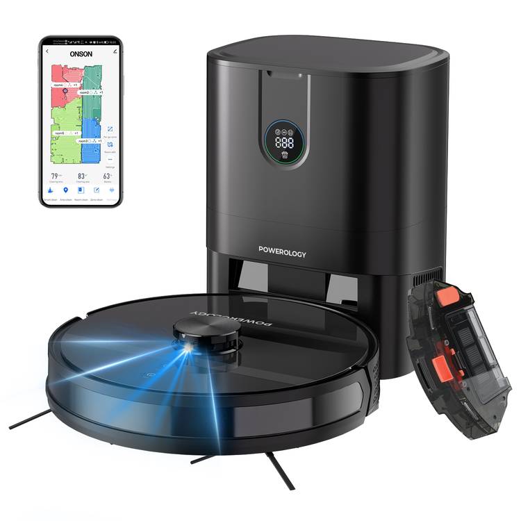 Powerology Smart Station Robot Vacuum & Mop, Smart Navigation , Brushless Motor , Suction Power, Powerful Motor & Suction - Black