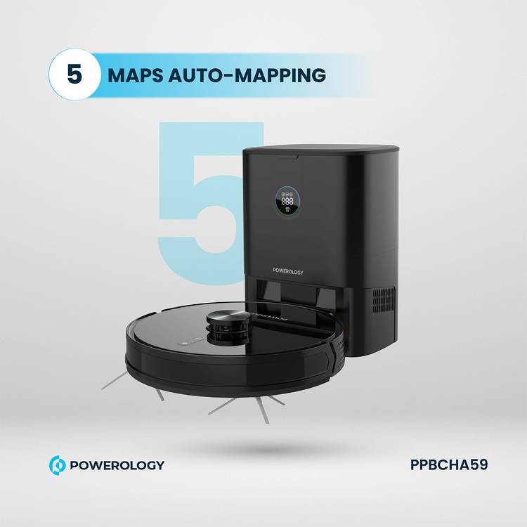 Powerology Smart Station Robot Vacuum & Mop, Smart Navigation , Brushless Motor , Suction Power, Powerful Motor & Suction - Black