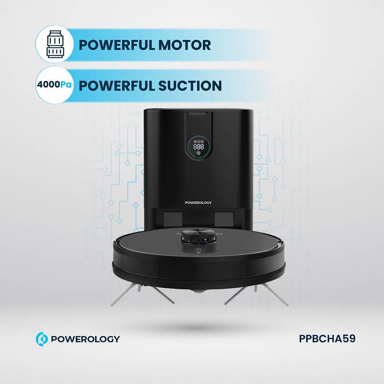 Powerology Smart Station Robot Vacuum & Mop, Smart Navigation , Brushless Motor , Suction Power, Powerful Motor & Suction - Black
