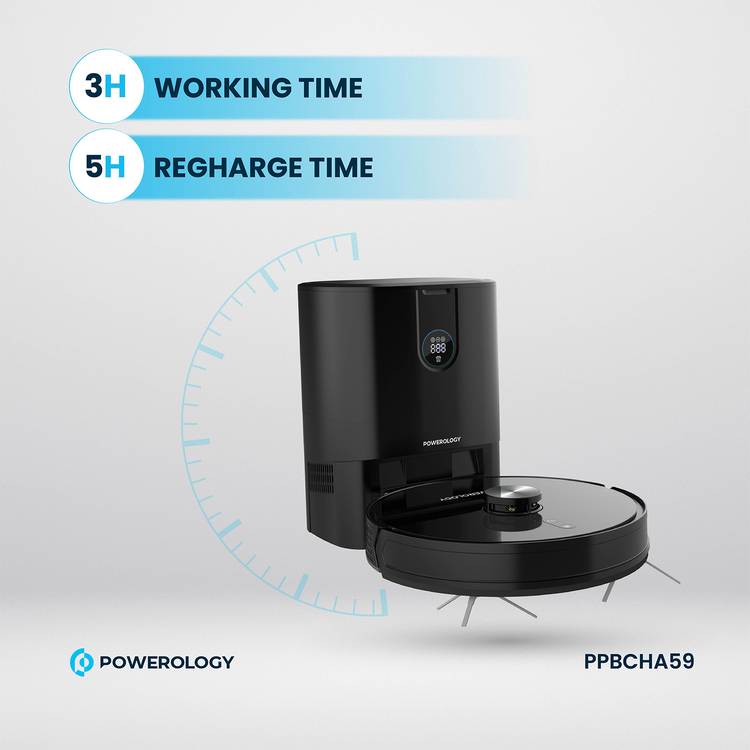 Powerology Smart Station Robot Vacuum & Mop, Smart Navigation , Brushless Motor , Suction Power, Powerful Motor & Suction - Black