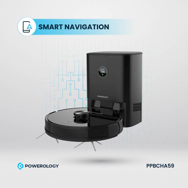 Powerology Smart Station Robot Vacuum & Mop, Smart Navigation , Brushless Motor , Suction Power, Powerful Motor & Suction - Black