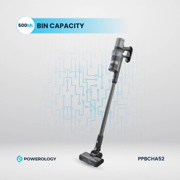 Powerology Cordless Stick Vacuum, 100-240V Rated Voltage, 2200mAh, Li-ion Battery type, 27000Pa Suction Power - Black