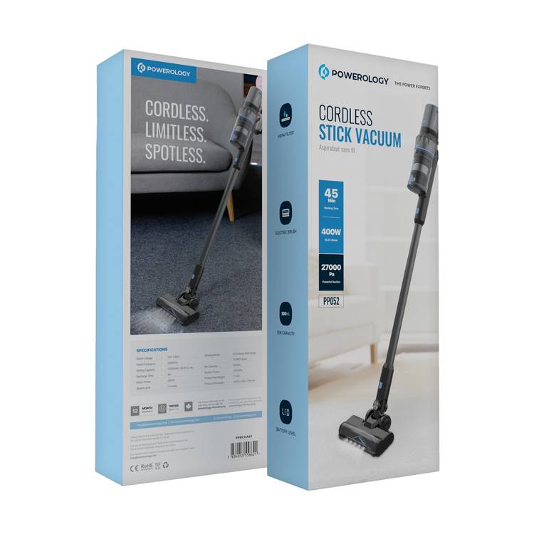 Powerology Cordless Stick Vacuum, 100-240V Rated Voltage, 2200mAh, Li-ion Battery type, 27000Pa Suction Power - Black