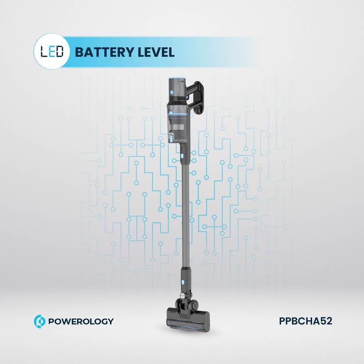 Powerology Cordless Stick Vacuum, 100-240V Rated Voltage, 2200mAh, Li-ion Battery type, 27000Pa Suction Power - Black