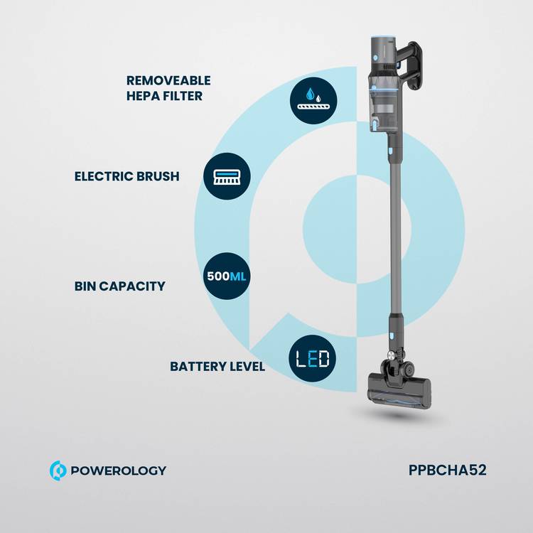 Powerology Cordless Stick Vacuum, 100-240V Rated Voltage, 2200mAh, Li-ion Battery type, 27000Pa Suction Power - Black