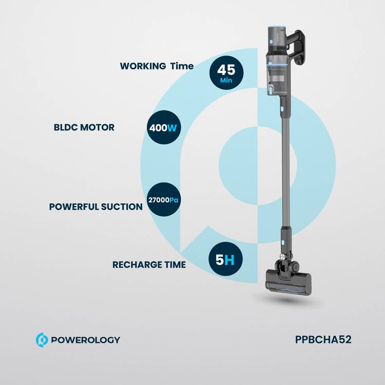 Powerology Cordless Stick Vacuum, 100-240V Rated Voltage, 2200mAh, Li-ion Battery type, 27000Pa Suction Power - Black