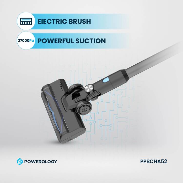 Powerology Cordless Stick Vacuum, 100-240V Rated Voltage, 2200mAh, Li-ion Battery type, 27000Pa Suction Power - Black