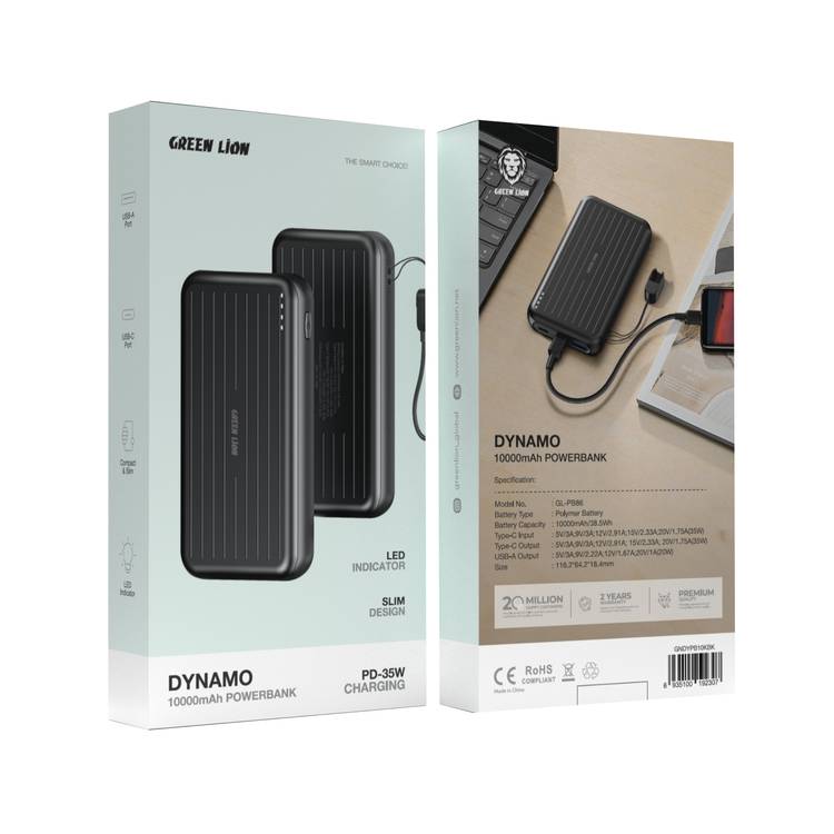 Green Lion Dynamo 10000mAh Power bank, PD 35W, Type-C Input, Type-C & USB-A Outputs, Polymer Battery,  Slim & Lightweight - Black