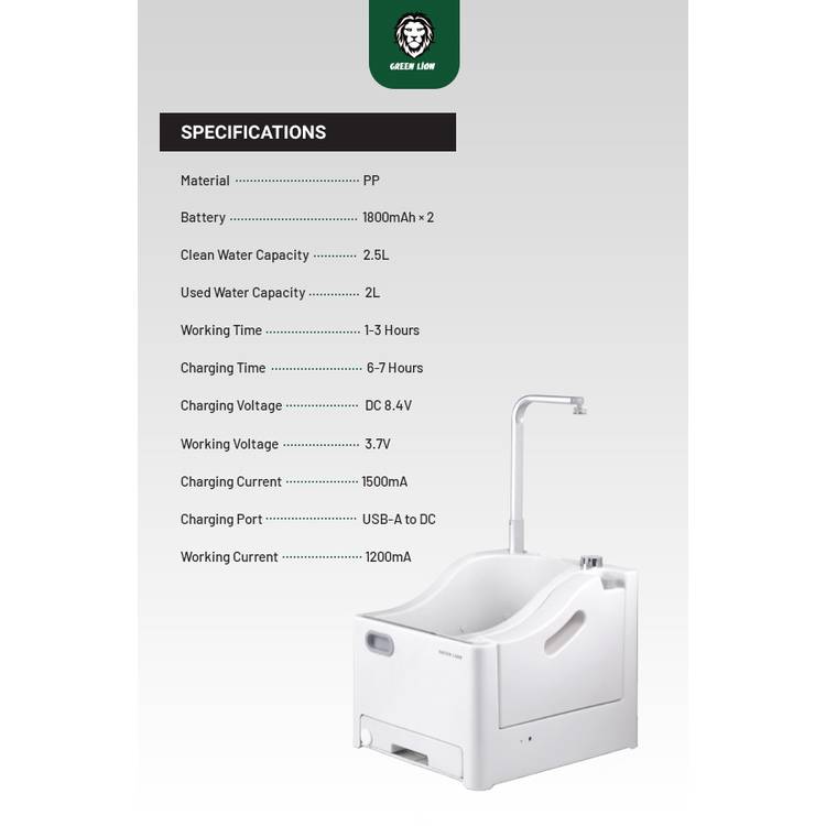  Green Lion Portable Wudu Machine with Pressure Foot Pedal, 2.5 L Clean Water Capacity, 2x1800 mAh Batteries, Lightweight Design, No Installation Required, Safe to Use - White