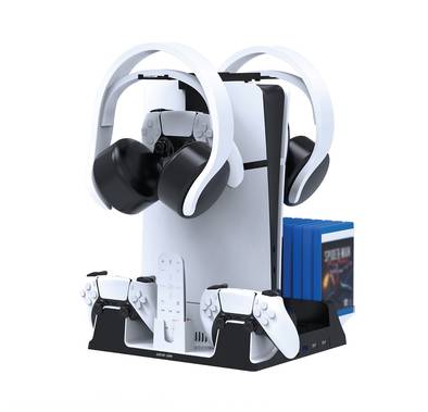 Green Lion PS5 Cooling Stand Charging Station with 14Disk Storage, Low Noise, Simultaneous Charging, Efficient Cooling, Turbo Fan - White