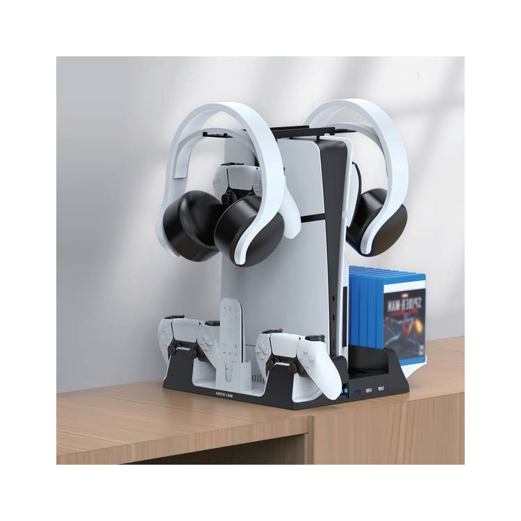 Green Lion PS5 Cooling Stand Charging Station with 14Disk Storage, Low Noise, Simultaneous Charging, Efficient Cooling, Turbo Fan - White