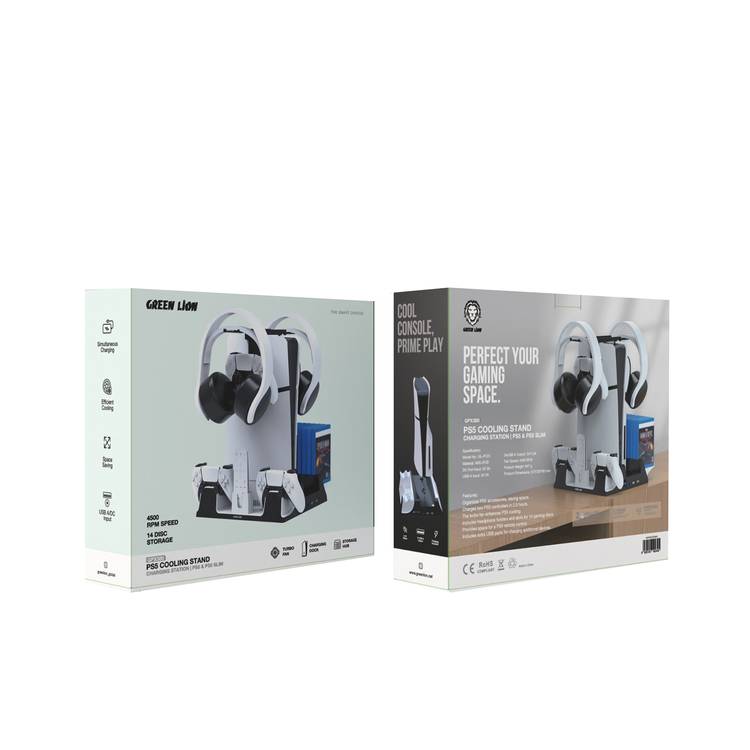 Green Lion PS5 Cooling Stand Charging Station with 14Disk Storage, Low Noise, Simultaneous Charging, Efficient Cooling, Turbo Fan - White