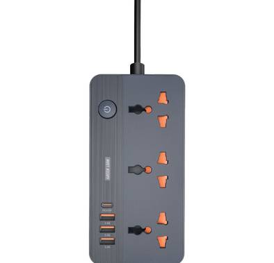 Green Lion GS-200 Power Socket 2500W, Fast Charging, Overload Protection, 3 AC power sources, 1 USB Type-C, 3 USB Type-A, UK Plug 2M Power Cord, Flame Retardant, Simultaneously Charging, 250V Voltage - Black