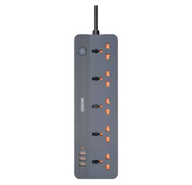 Green Lion GS-250 Power Socket 2500W, Fast Charging, Lightning & Overload Protection, UK Plug 2M Power Cord, Flame Retardant, Simultaneously Charging, 4 USB ports, 5 AC plugs, 250V Voltage - Black