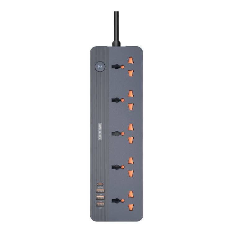 Green Lion GS-250 Power Socket 2500W, Fast Charging, Lightning & Overload Protection, UK Plug 2M Power Cord, Flame Retardant, Simultaneously Charging, 4 USB ports, 5 AC plugs, 250V Voltage - Black