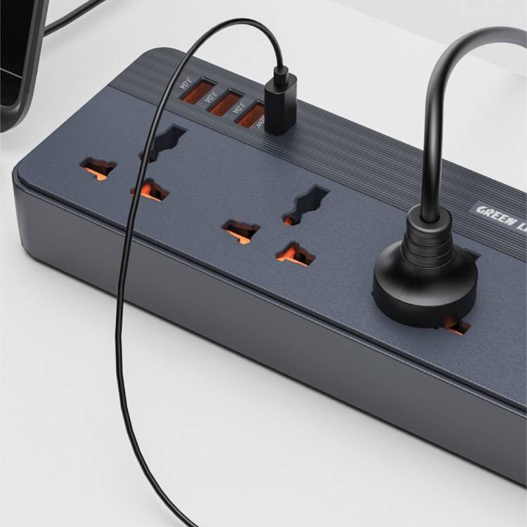 Green Lion GS-250 Power Socket 2500W, Fast Charging, Lightning & Overload Protection, UK Plug 2M Power Cord, Flame Retardant, Simultaneously Charging, 4 USB ports, 5 AC plugs, 250V Voltage - Black