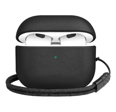 Uniq Terra Geniune Leather Airpod Case with Braided Wrist Strap, Wired and Wireless Charging, Inner Microfiber Lining - Dallas Black