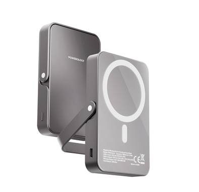 Powerology 10000mAh Magsafe Glass Surface Power Bank, Compact Design, Type-C & Wireless output, Integrated Stand, Aluminum Material, 20W Power Delivery, Cable-Free - Titanium 