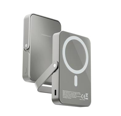 Powerology 10000mAh Magsafe Glass Surface Power Bank, Compact Design, Type-C & Wireless output, Integrated Stand, Aluminum Material, 20W Power Delivery, Cable-Free - Gray 