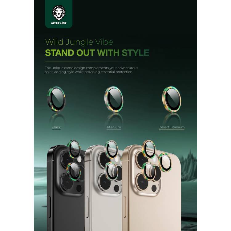 Green Lion Camo Camera Lens for  iPhone 16 Pro / 16 Pro Max, Military-Grade Durabilioty, HD Clarity, Advanced AF Coating - Natural Titanium