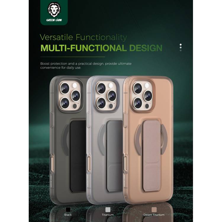 Green Lion Grip 360 MagSafe Case for iPhone 16 Pro with Leather Grip Strap, Camera Protection, Multi Functional Design, Scratch Resistant, Foldable Stand - Desert Titanium