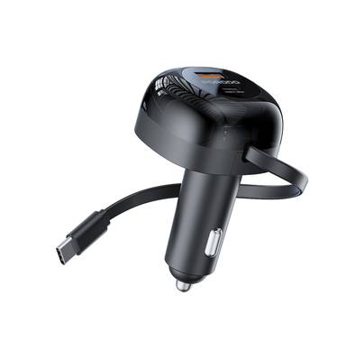Porodo Dual Port Car Charger with 80cm Retractable Type-C Cable, Simultaneous Charging, Universal Compatibility, 47W Total Output Power - Black