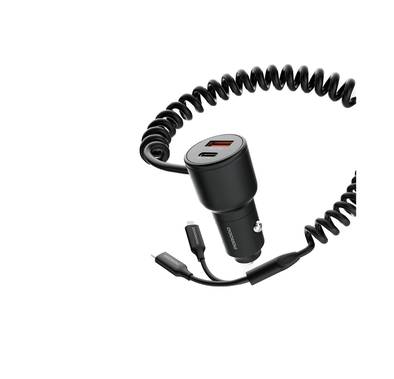 Porodo Dual Port Car Charger with Integrated C+L Cables, Adaptable, Simultaneous Charging, Universal Compatibility, 1.5m Cable Length - Black