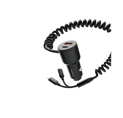 Porodo Dual Port Car Charger with Integrated C+C Cables, Universal Compatibility, Simultaneous Charging, 1.5m Cable Length - Black