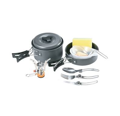 Green Lion 10-in-1 Camping Cookware with Camping Stove, Foldable Soup Spoon, Wooden Shovel, Small Bowl, Foldable Knife, Heat-Resistant Handles - Black