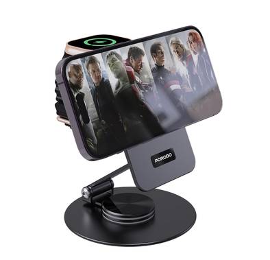 Porodo Wireless Charging Rotating Stand with Folding Watch Charge, Flexible Viewing Angle, 360° Rotating Base - Black