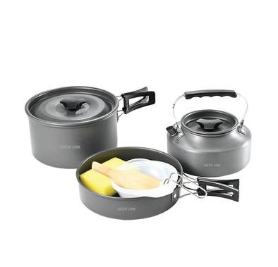 Green Lion 7-in-1 Camping Cookware with Heat-Resistant Handles, Wooden Shovel & Sponge, Foldable Soup Spoon, Food-Grade Material, Easy to Store & Carry, Foldable & Lightweight - Black