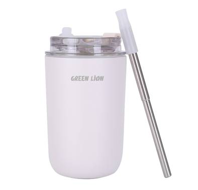 Green Lion Vacuum Travel Mug Lite, 280 mL Capacity, Keeping Hot for 6 Hours and Cold for 12 Hours, Food Grade Silicone Straw, Food Grade Stainless Steel Cup - White