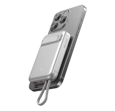 Green Lion DXB MagSafe 10000 mAh Power Bank with Digital Display, Built-in Cables, 15W Wireless Fast Charging,  Short Circuit Protection - Silver