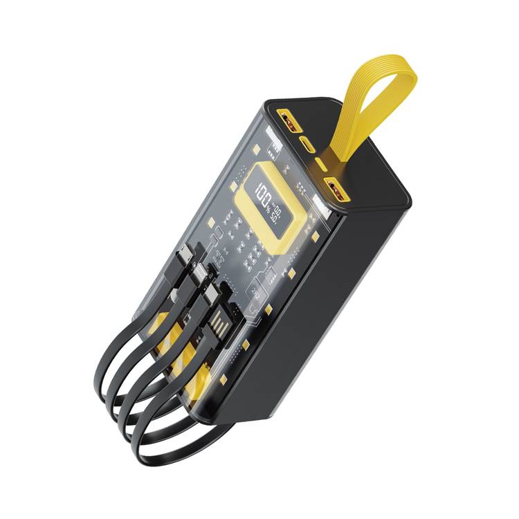 Green Lion Transparent Pro Power Bank 30000 mAh, PD 20W, Fast Charging, Micro & Type-C & Lightning & USB- A Built-in Cables, Digital Display - Black / Yellow